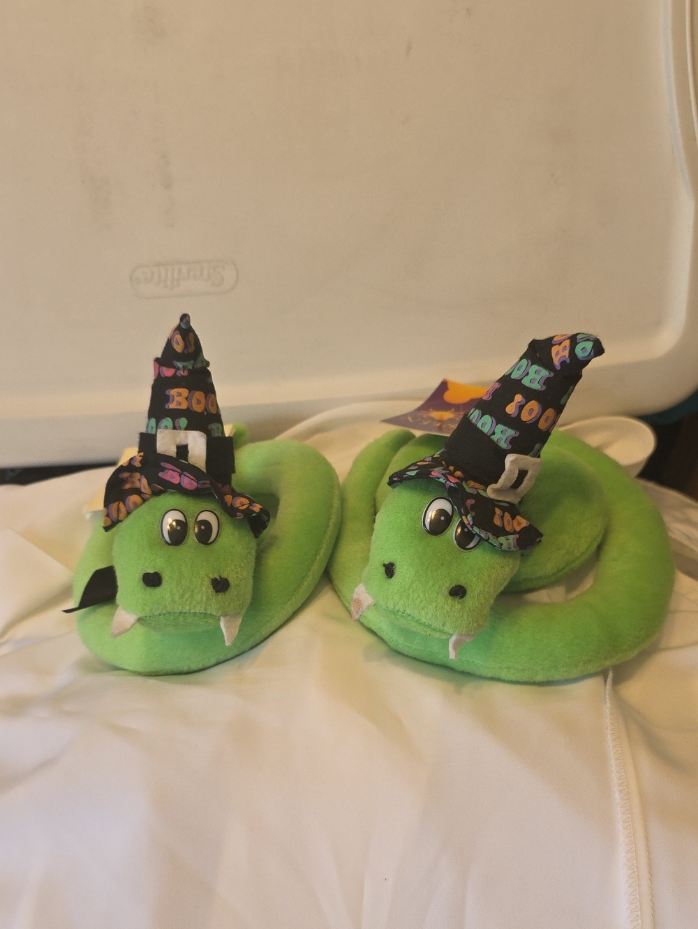 Pair Of Green Plush Snakes for Kids with Halloween Witch Hats